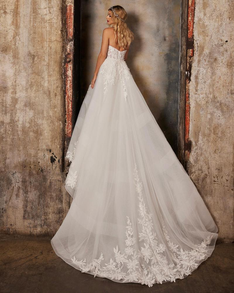 122232 lace strapless wedding dress with long train and ball gown silhouette2